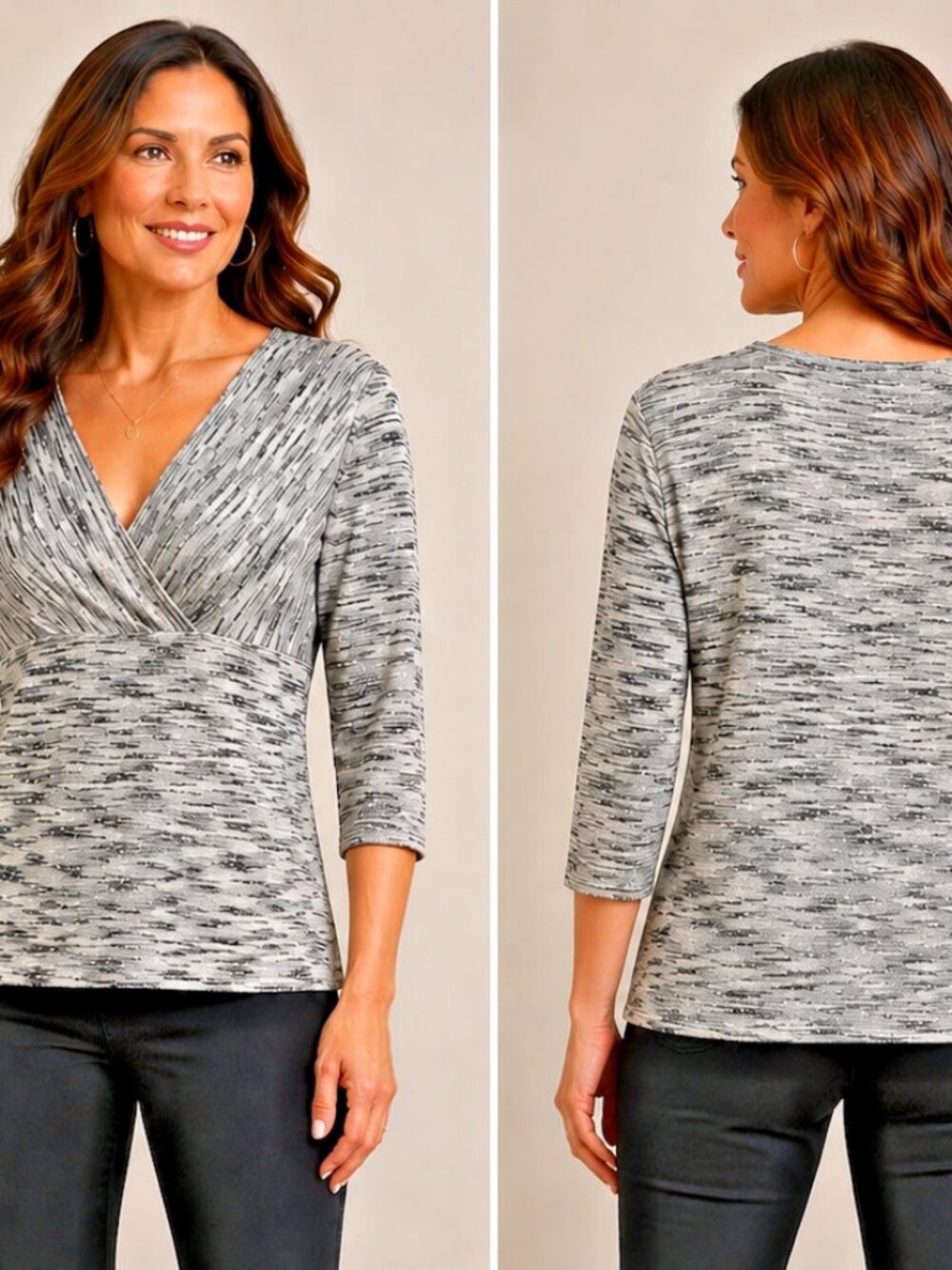 Versailles Silk Sweater Women’s Size XL Black white Silver Sparkle Surplice wrap